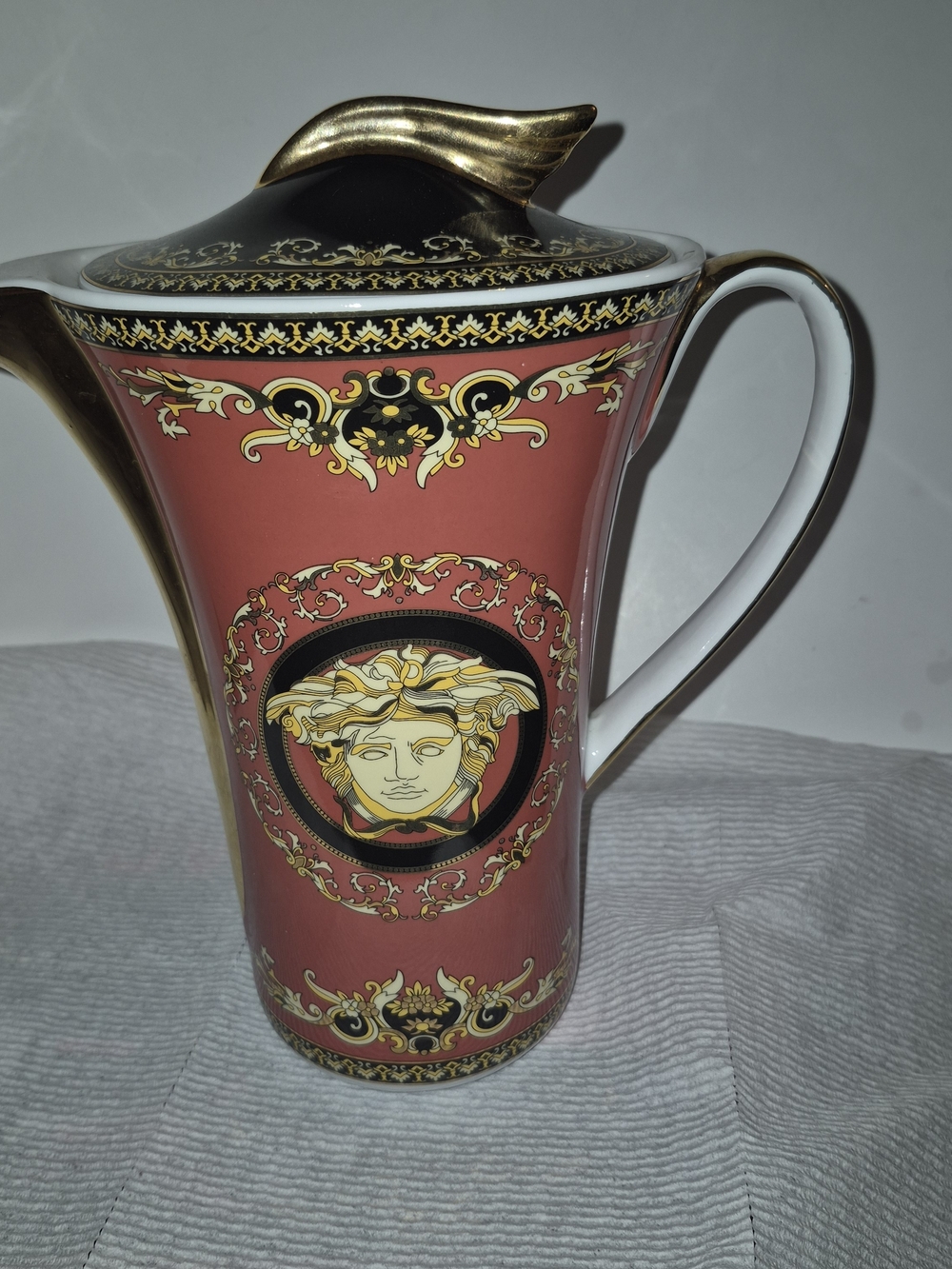 Versace White and Gold & Burgundy Porcelain Pitcher W/ Lid with Medusa Emblem